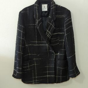 Anine Bing Kaia Blazer Black + White Tweed Wool Blend Revolve Women's Size Large